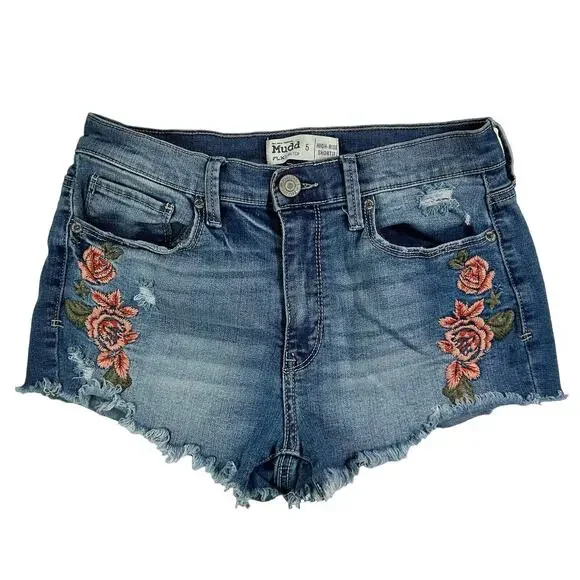 Mudd Jean Shorts 5 High Rise Shortie Floral Embroidered Frayed Raw Hem Stretch - Picture 8 of 13